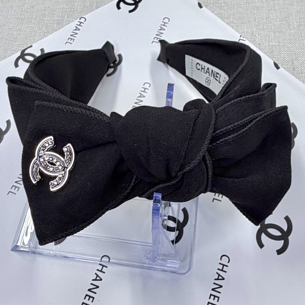 Chanel Black Velvet Large BOW Headband Gold & Black Enamel Crystal Logo Glam